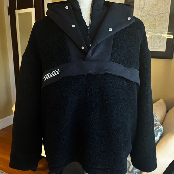 Pangaia Sz. S Unisex Recycled Wool Fleece Half-Zip Hooded Jacket Black - Picture 3 of 12